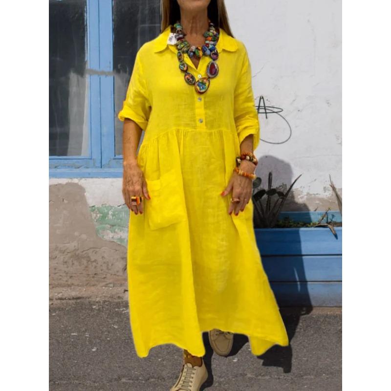 JPNTKY Fashion Summer Spring Solid Color Print Long Sleeve POLO Neck Casual Dresses S