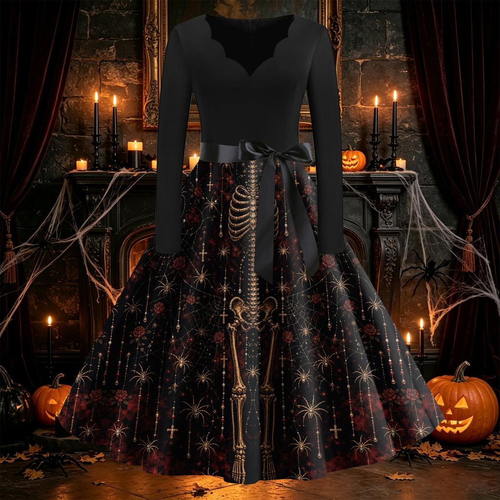 Women's Vintage Long Sleeve Halloween Print V-Neck Flared Dress for Party