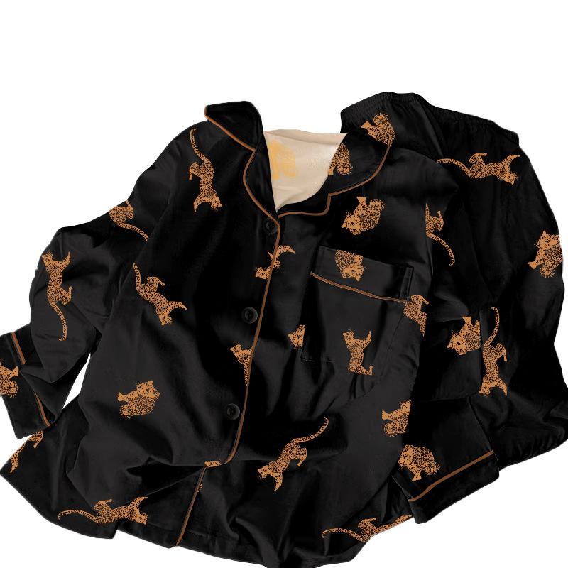 Black Leopard Imitation Cotton Pajamas Women'S Spring And Autumn Long-Sleeved Trousers High-End Wearable Loungewear Set