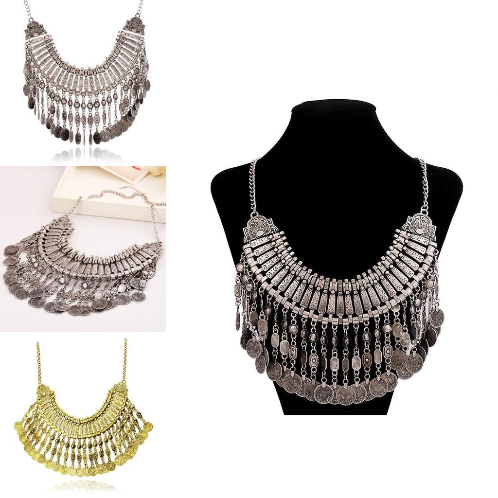 Vintage Mynt Halsband Med Tofsar Och Vattenvågskedja För Boho Stil Smycken