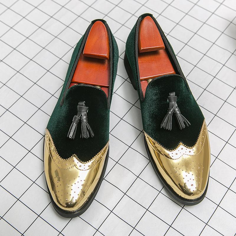 New Pointed Velvet Tassels Patchwork Oxford Leather Shoes For Men Luxury Designer Formal Wedding Prom Dress Homecoming Footwear