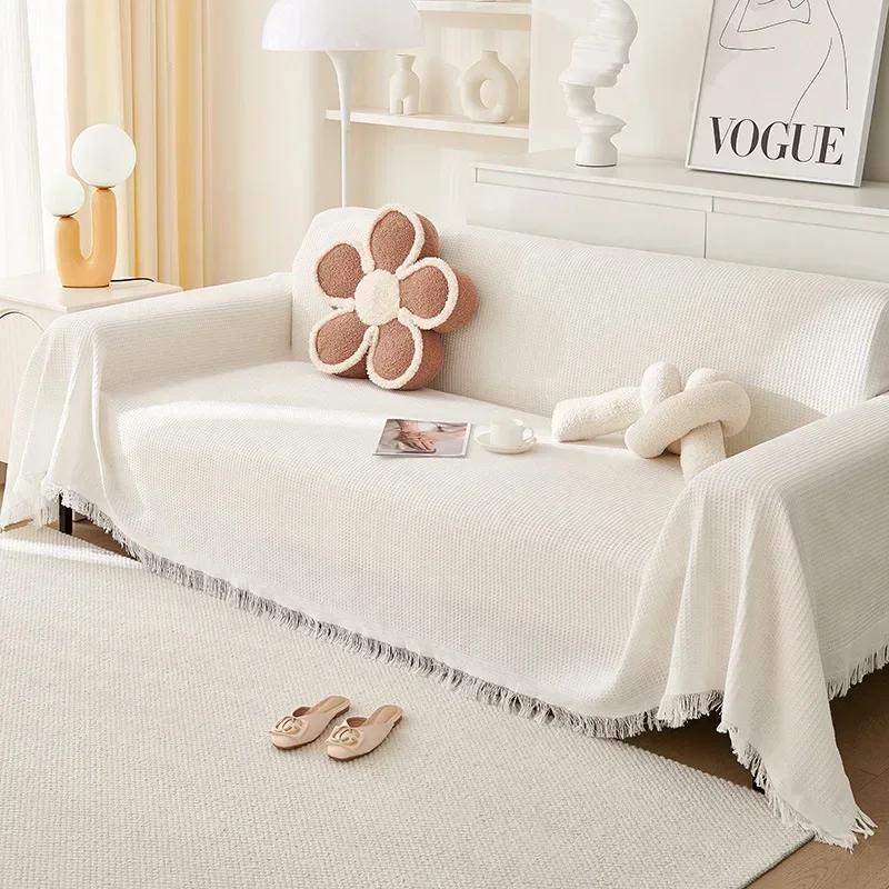 New Polyester Cotton Sofa Towel Solid Color Non-slip Sofa Towel for Living Room Furniture Decor Tapestry Cream Style Couch Towel