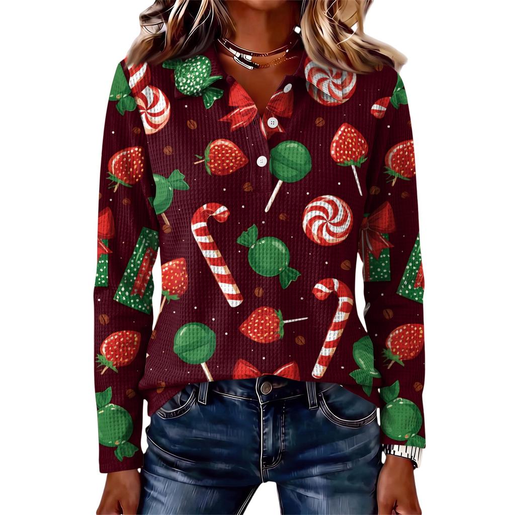 Women's Casual Long Sleeve Button Down Christmas Shirt with Lapel Collar for Holiday