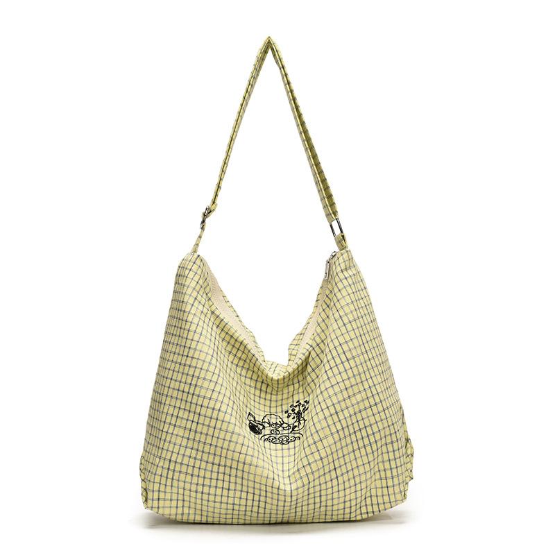 Niche retro plaid blue and yellow tote bag portable commuter large capacity underarm bag canvas bag fashionable and lightweight cloth bag