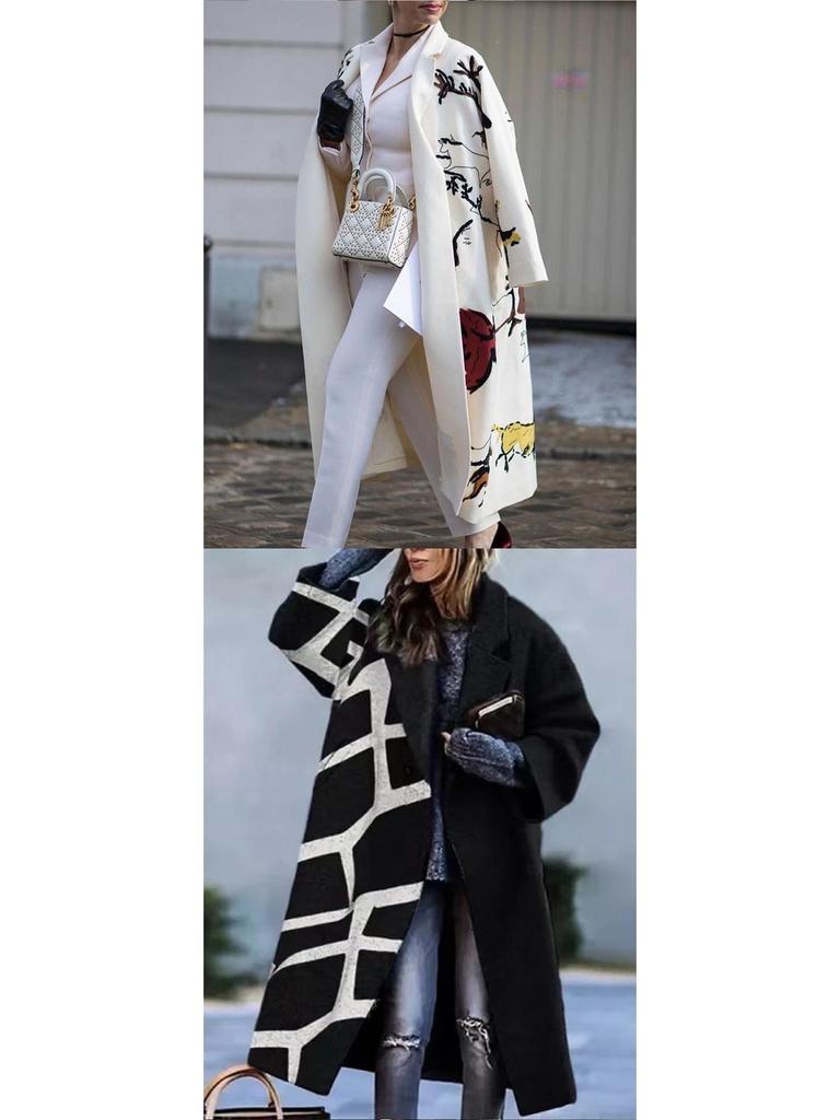 Dámský evropský a americký podzimní vlněný kabát s dlouhým rukávem a klopami s potiskem