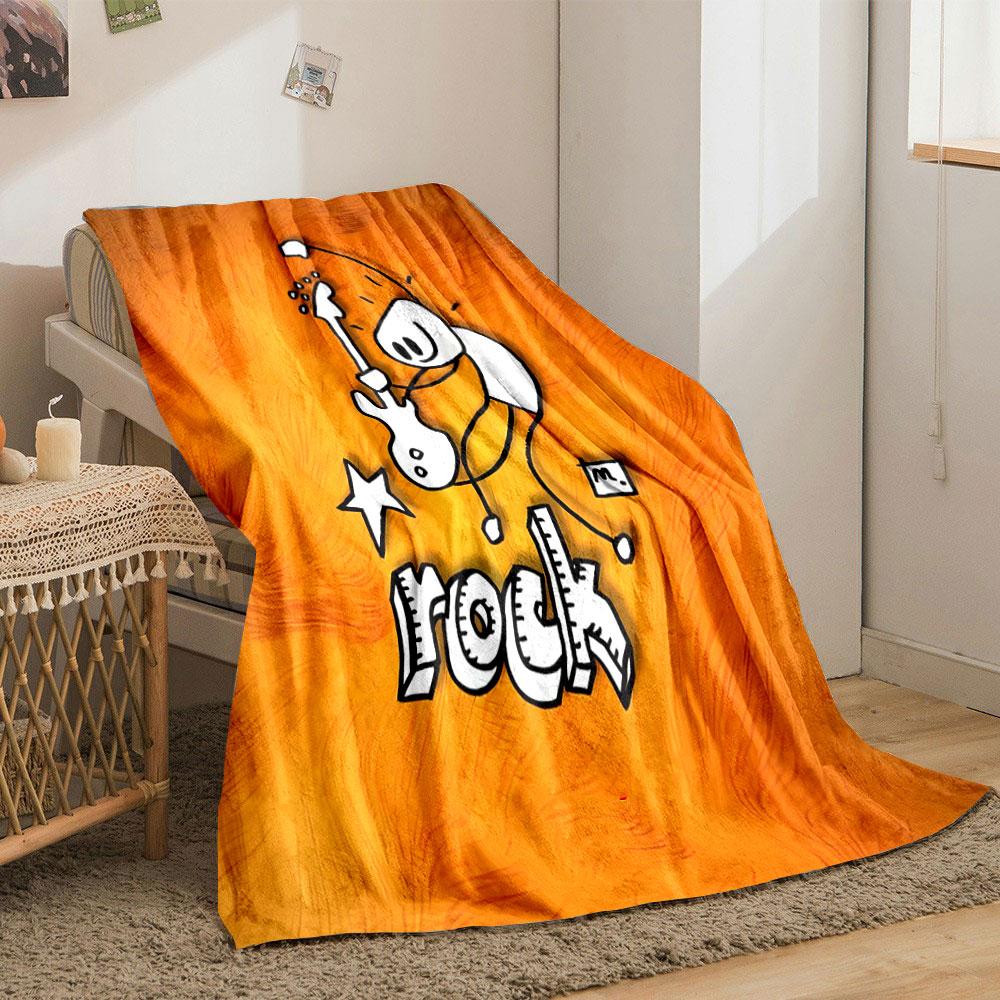 A stick figure plays guitar with "rock" text and star on an orange background. for all seasons blanket lunch break throw gift