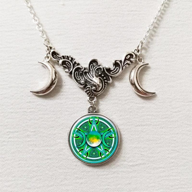 Triple Moon Silver Necklace with Full Moon and Crescent Pendant