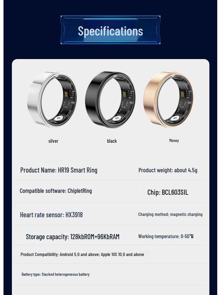 Smart Black Ring: Heart Rate, Blood Oxygen, Sleep Tracker, Bluetooth, Waterproof, Unisex, Touch Interface