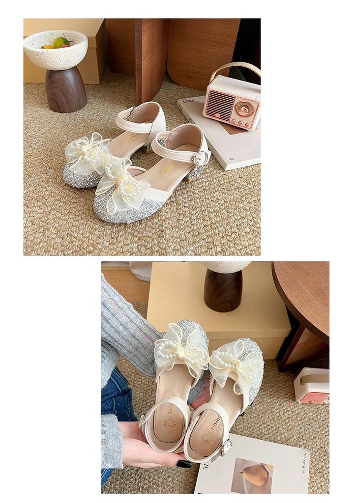 Girls' High-Heeled Closed-Toe Crystal Sandals with Soft Soles - Summer New Princess Leather Shoes.