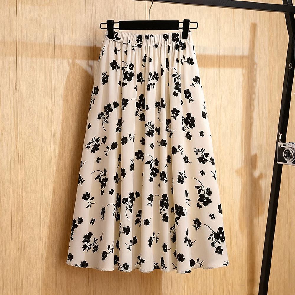Women's Black Floral A-Line Midi Skirt: Versatile Spring/Autumn Fashion Trend.