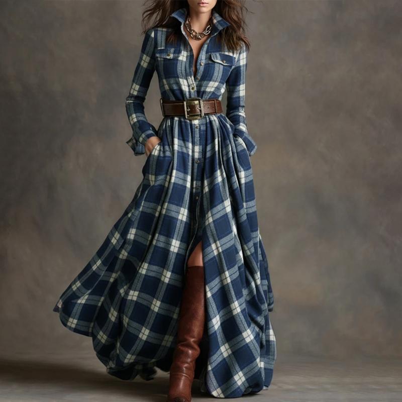 Stylish Irregular Grid Dress Comfortable Polyester Casual Ruffled Shirt Dress for Everyday Use Event and Outings