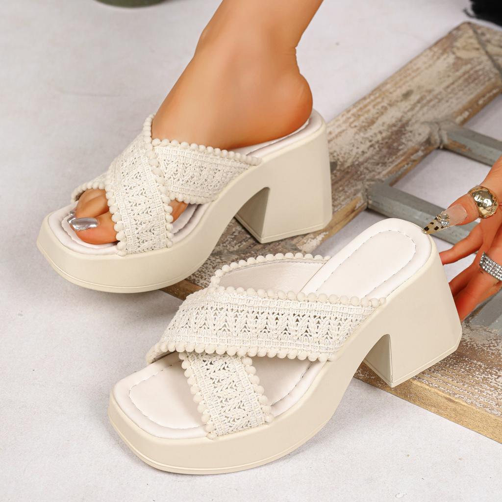 Women High Heel Sandals Thick Sole Chunky Platform Slippers Cross Band Decor Wedges Shoes Woman Summer Plus Size Comfort Shoes