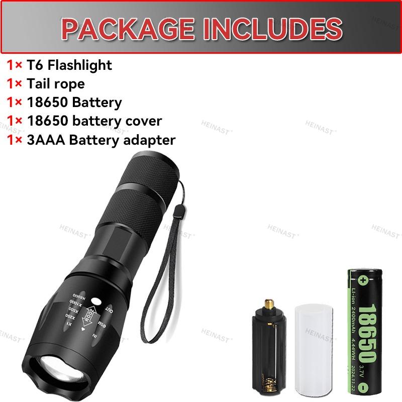 High Power T6 LED Flashlights Camping Torch 5 Light Modes Zoom Light Aluminum Alloys Waterproof Material External 18650 Battery