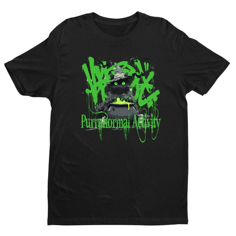 Черная кошка футболка, Ведьминский комфортный хлопок футболка, Винтажная футболка с волшебным котом, Жуткая S