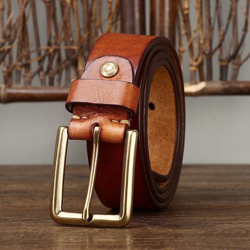 Men's Belt Thickened Real Leather Pin Buckle American Retro Brass Buckle Simple All-Matching Jeans Belt