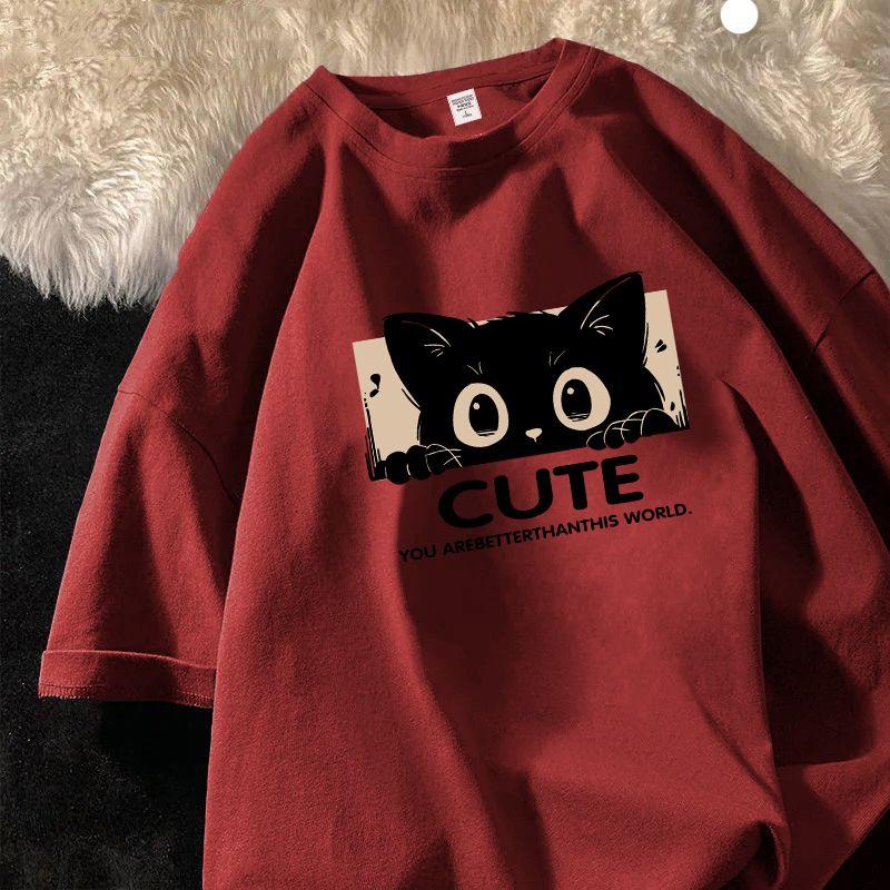 

Летняя женская футболка с милым принтом кота из хлопка, дышащая, с коротким рукавом 3XL