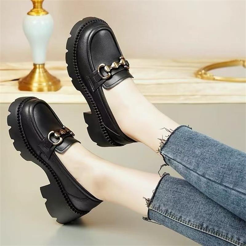 Small Loafers, Women's Spring and Autumn Thick Heels, Small Leather Shoes, Soft Soles, One Pedal, Foreign Style, Black Heightened Platform Shoes