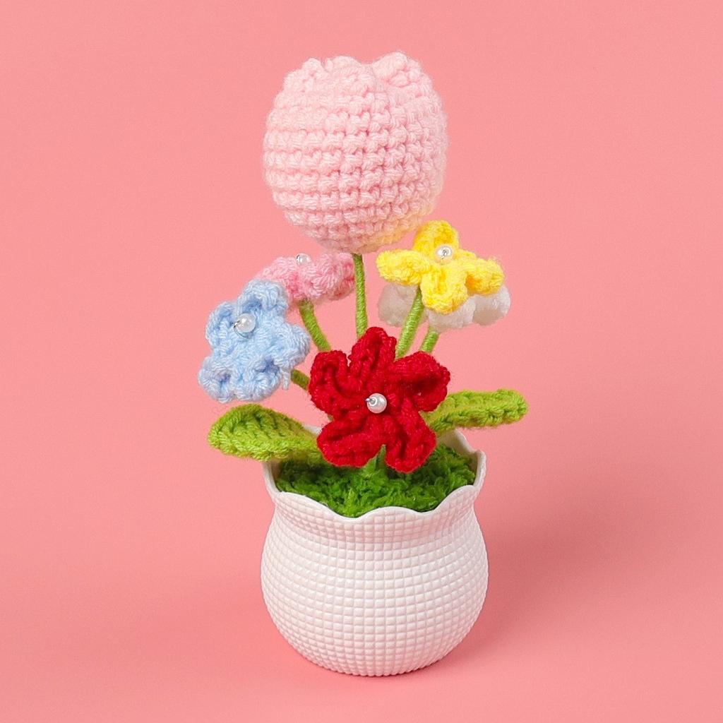 Hand-Knitted Wool Fake Flowers Set: Sunflower, Carnation, Tulip - Desktop Decor, Teacher/Student Gift, Everlasting Bouquet