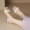 New Casual One-word Sandals Women's Rubber Soft Sole Large Size Women's Shoes White Square Heel Round Head Middle Heel Women's Sandals Buckle
