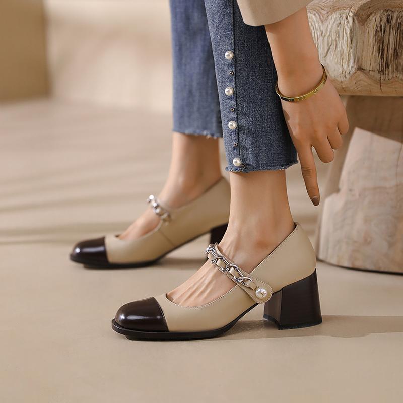 Fashion 2025 New Spring Split Leather Women Shoes Square Toe Mary Jane Shoes for Women Shoes Women Pumps Heels for Women Buckle Strap
