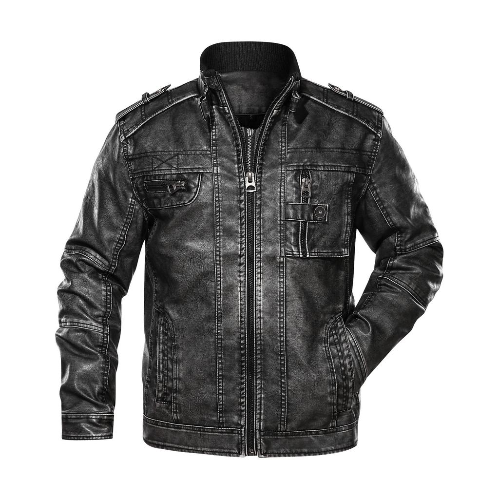 European size wash faded leather jacket PU multi-pocket European and American retro style leather jacket