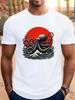 Unisex Dark Gray Tee Vintage Japanese Octopus Wave Red Sun Graphic Print Crew Neck Short Sleeve Summer Casual Male Cotton Daily Top