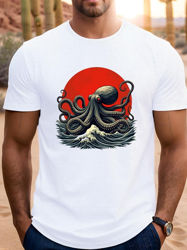 Unisex Dark Gray Tee Vintage Japanese Octopus Wave Red Sun Graphic Print Crew Neck Short Sleeve Summer Casual Male Cotton Daily Top