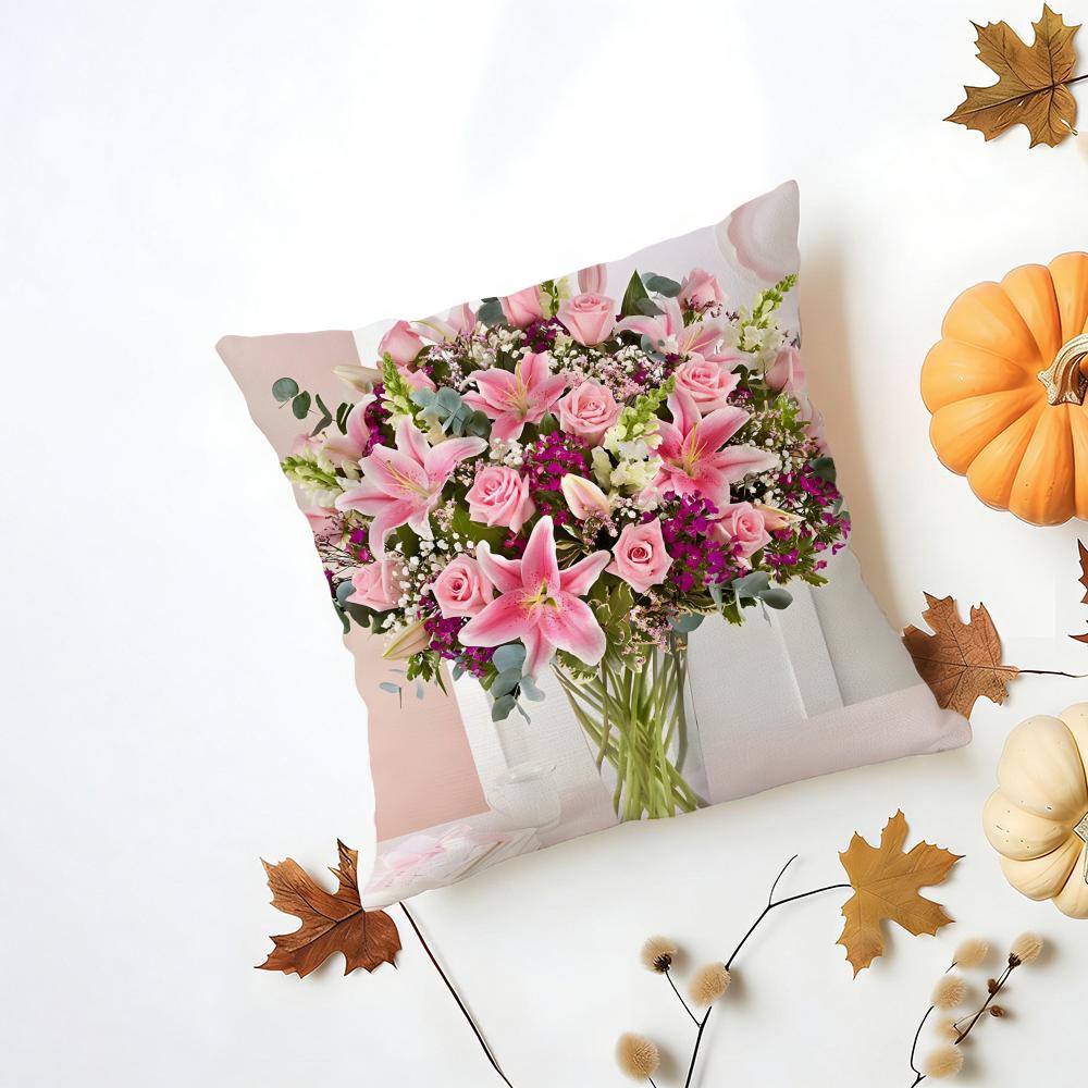Casual Beautiful Fresh BBouquet Art Flower Cushion Cover Washable Linen Pillowcase Soft for Daily Sofa Bed Home Room Decor