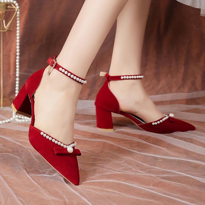 Elegant Pearl Ankle Strap Bride Shoes Women Bow String Bead High Heel Pumps Woman Red Comfortable Square Heels Wedding Shoes
