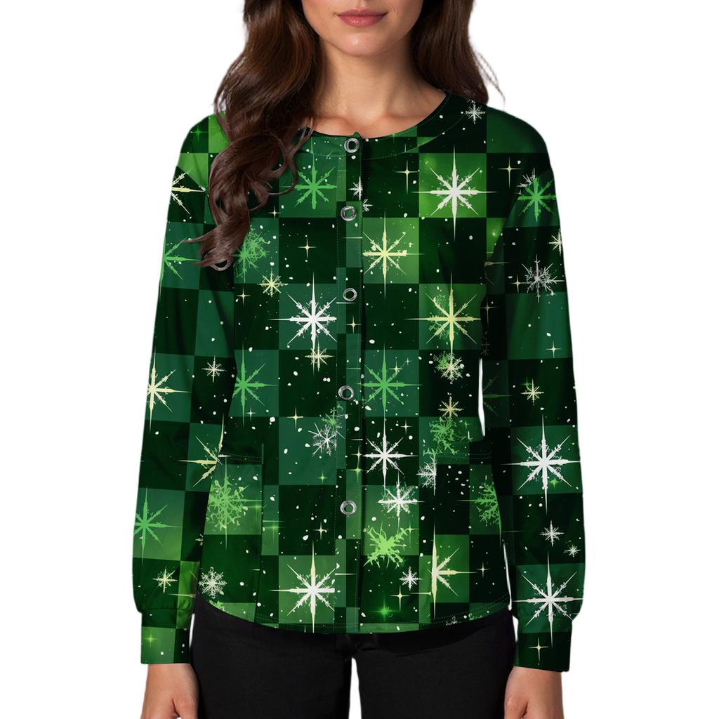Women's Casual Long-sleeved Single-breasted Christmas Printed Protective Clothing Cardigan Top