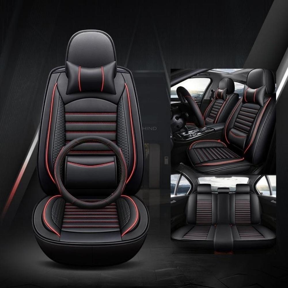 Πολυτελή Καλύμματα Καθισμάτων Αυτοκινήτου 5 Θέσεων από Δέρμα PU με Ενσωματωμένη Οσφυϊκή Υποστήριξη - 2 Προσκέφαλα & Κάλυμμα Τιμονιού, Ανθεκτικά στη Φθορά