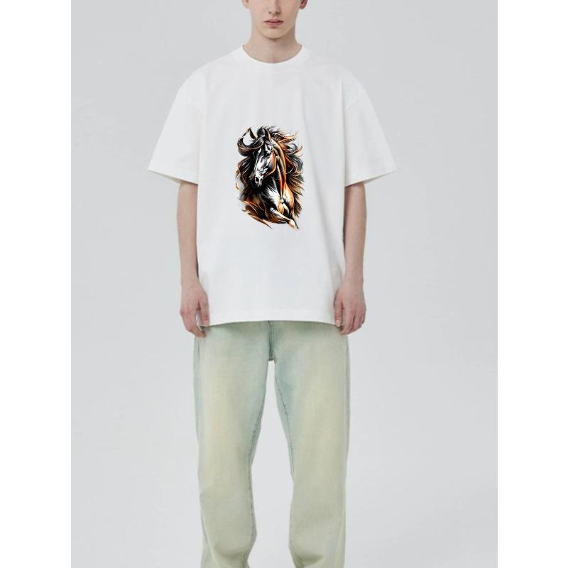 Black T Shirt With Horse Flame Design For Casual Wear