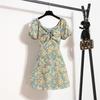 Elegant Floral Printed Women Mini Dress Bohemian Pleated Puffy Sleeve Sexy Summer Vestidos Shirring Female Short Dress Korean Style