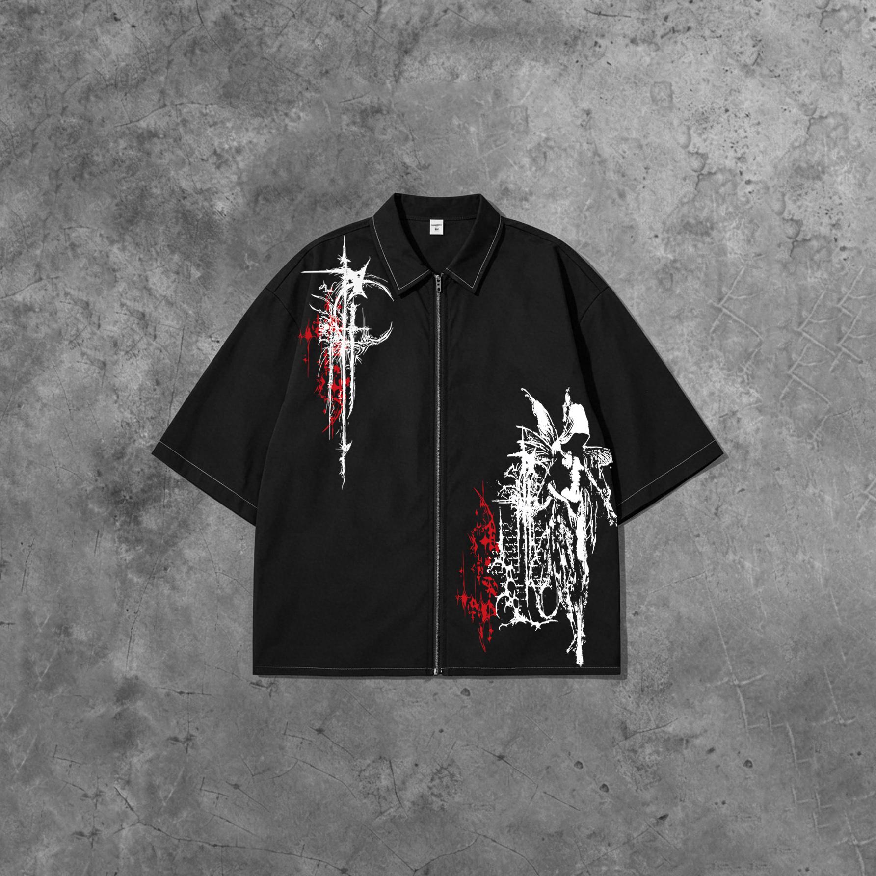 

Zip-up collared shirt, high-street dark-style thorn-print short-sleeve shirt;streetwear oversized loose-fit collared zip-up top,fashionable and casual XXL чорний