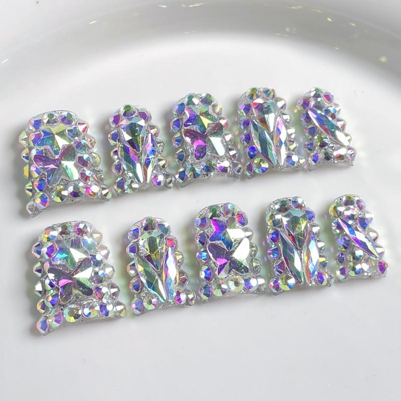 Short Duckbill Press-On Nails With Starry Sky Design Sparkly Rhinestones Sweet Edgy Style Women