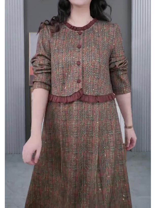 

Осенне-зимнее клетчатое шерстяное платье большого размера для зрелых женщин 5XL (200-220 lbs) кофейный