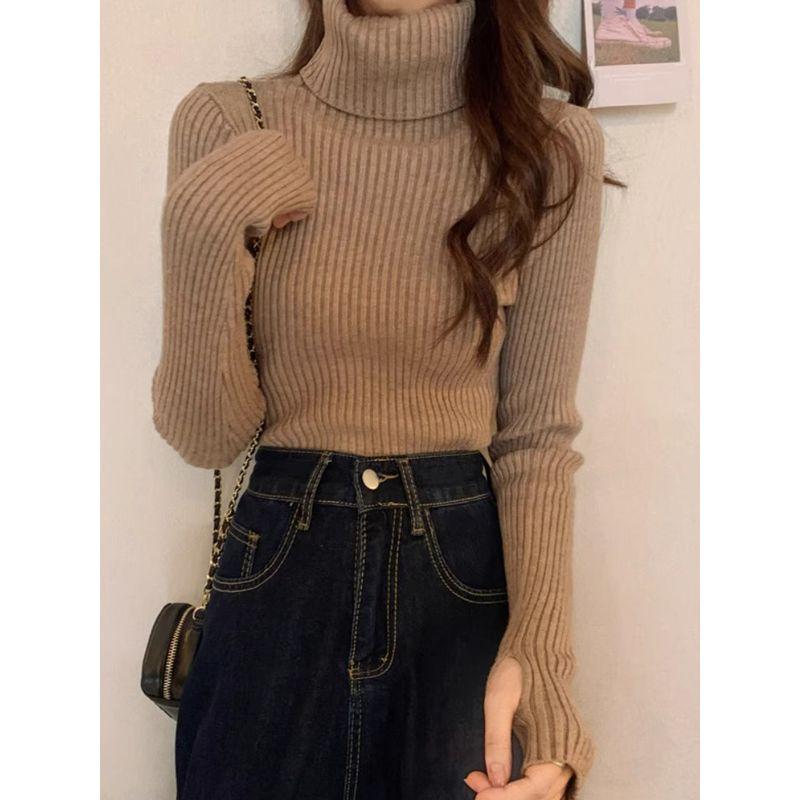 Kumikumi Basic Solid Turtleneck Long sleeve Knit Women clothes Autumn All-Match Slim fit Slimming Inner wear Top