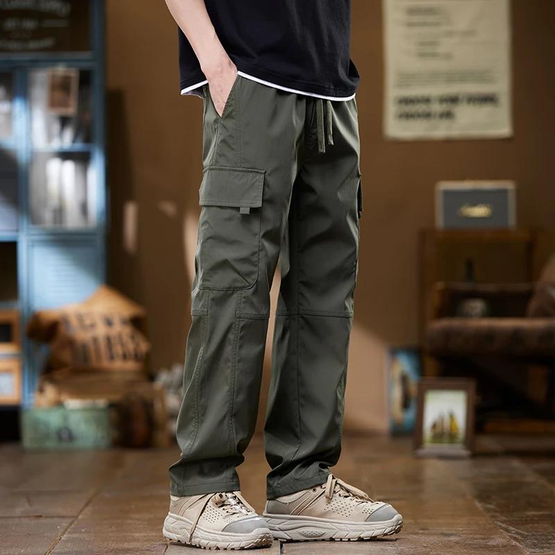 Summer Thin Men's Cargo Pants Baggy Straight Multi-pocket Design Drawstring Elastic Waist Outdoor Jogging Hiking Trousers Male