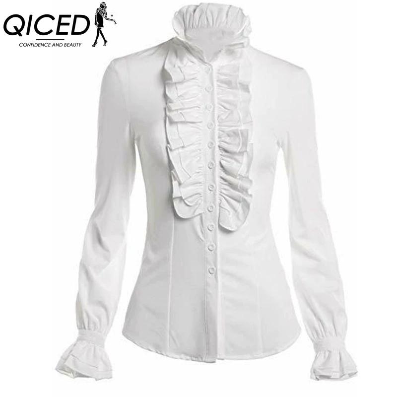 

QICED Женские модные повседневные однотонные блузки и рубашки с длинным рукавом с принтом XL белый