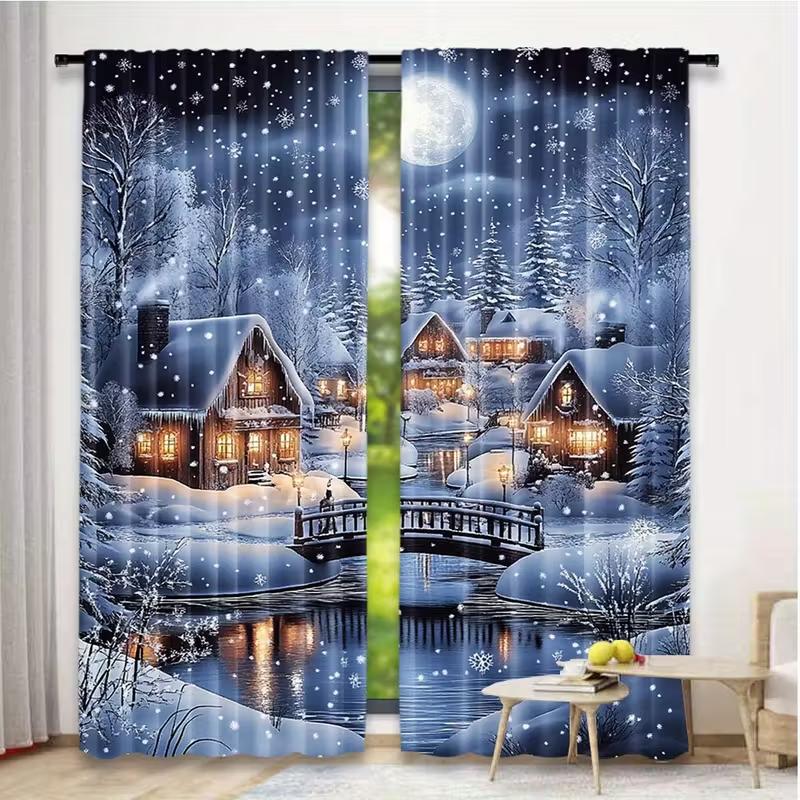2pcs Snowy Cottage Christmas Curtains Cozy Design Polyester Window Decor for Holiday Living Room Bedroom Rod Pocket Curtains