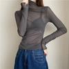 Slim-fitting Turtleneck Inner with Long-sleeved Lace Bottoming Shirt for Women, Thin Mesh Top, Autumn and Winter Black Fungus Edge Gauze for Women