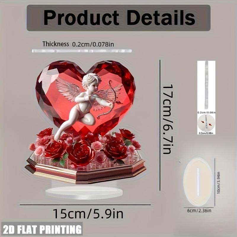 

2D Red Heart-Shaped Flat Acrylic Decorative Item Cupid Rose Design Valentine s Day Gift Romantic Home Office Desk Decora 1pcs