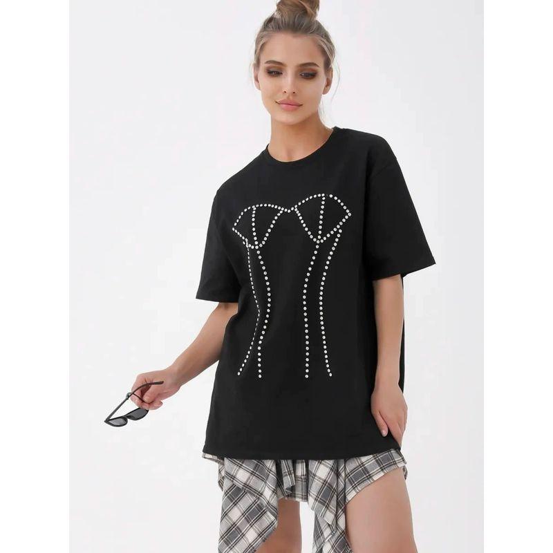 Loose Printed T-shirt Top Western Style New Fashion Loose Casual Hot Drilling Cotton T-shirt Top