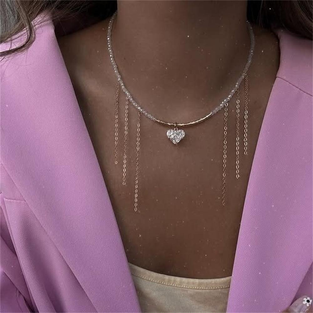 Fashion Vintage Tassels Zircon Heart Pendant Necklace For Women Female Boho Geometric Baroque Transparent Crystal  Chain Jewelry