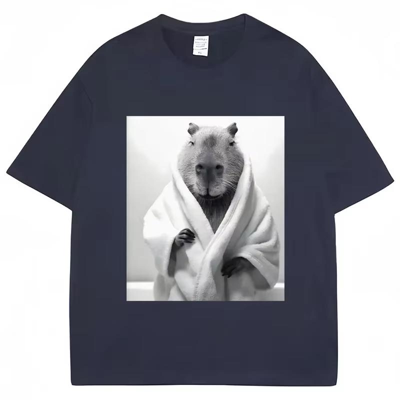 Funny Capybara in Bathrobe Print T Shirts Creativity Popular Summer Short Sleeve Cotton  Casual Tees Unisex Streetwear