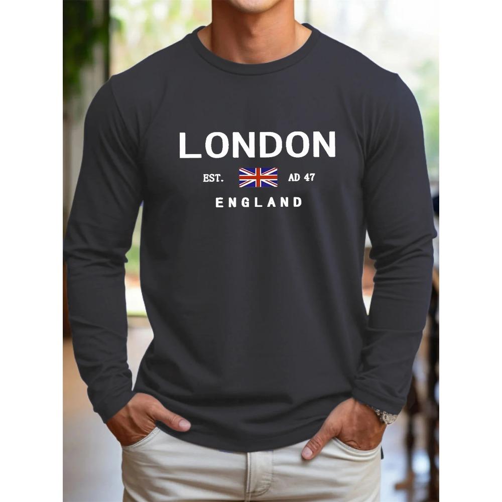 Spring and Autumn Round Neck 3D Letter London Printed Top Fashionable Casual Long Sleeved Men's T-shirts