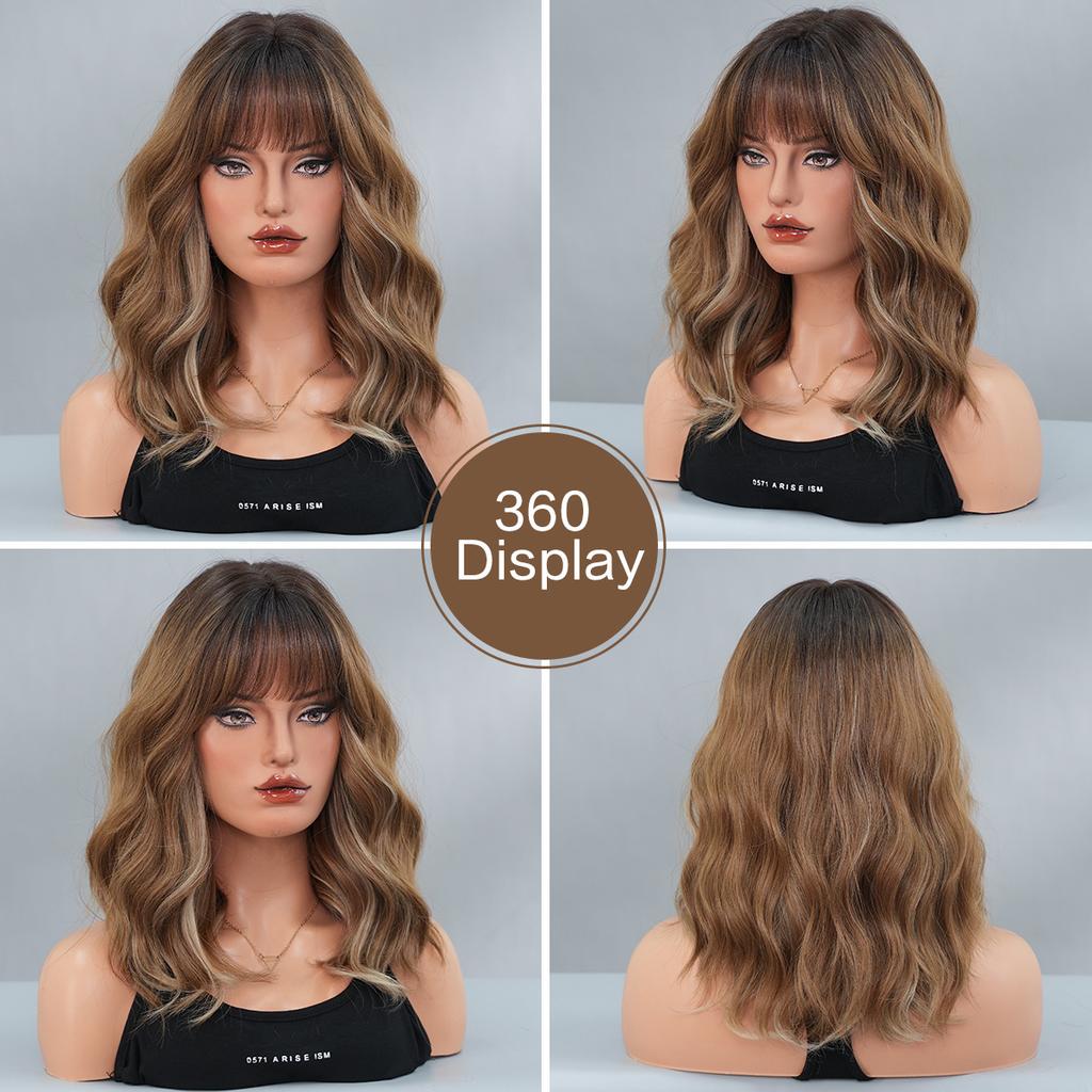 Perucă 2025 Nouă Europeană Americană Maro Gradient Medie Lungă Ondulată - Breton Complet cu Design Păr Înrădăcinat, Stil Natural Full Cap, 5 Culori Disponibile