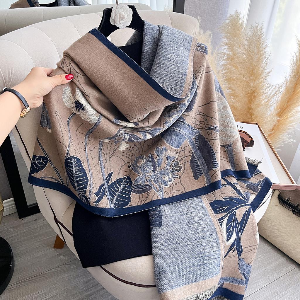 Autumn Plants And Flowers Imitation Cashmere Jacquard Scarf Women'S Simple And Versatile Thickened Warm Scarf Shawl