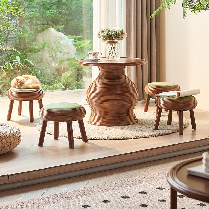 White Wood Tatami Coffee Table Stable Balcony Small desk Natural Rattan Soft-Padded Stool Chinese Style Round Window Seat
