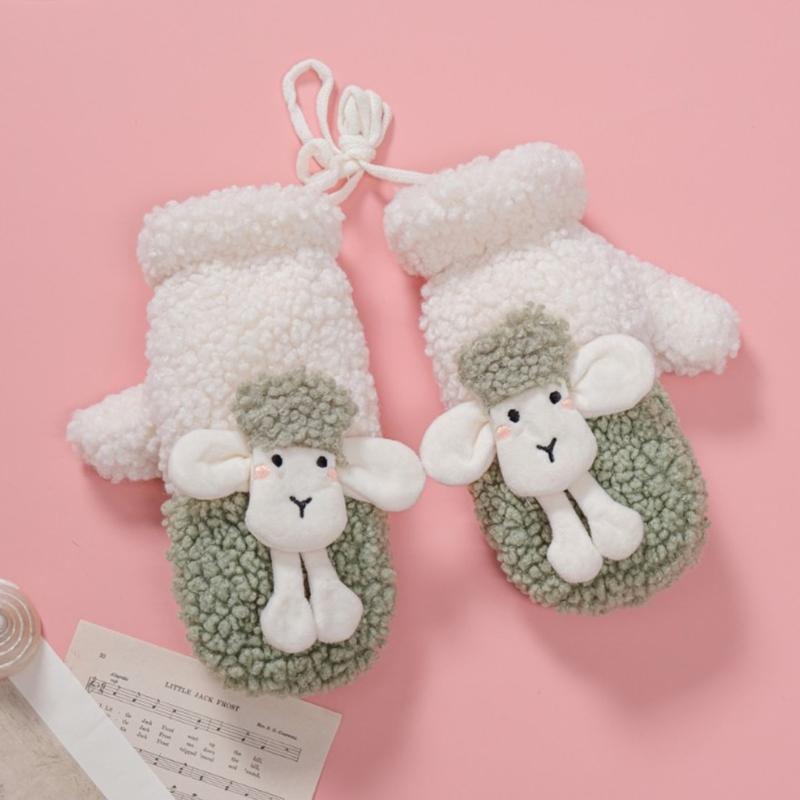 Fluffy Animal Mittens Plush Sheep Gloves with String Full Finger Mittens Winter Warm Mittens Cartoon Gloves for Women
